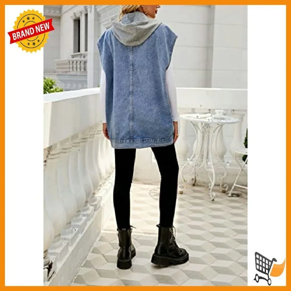 Oversized Denim Vest Sleeveless Jacket Distressed Cotton Mid-Long